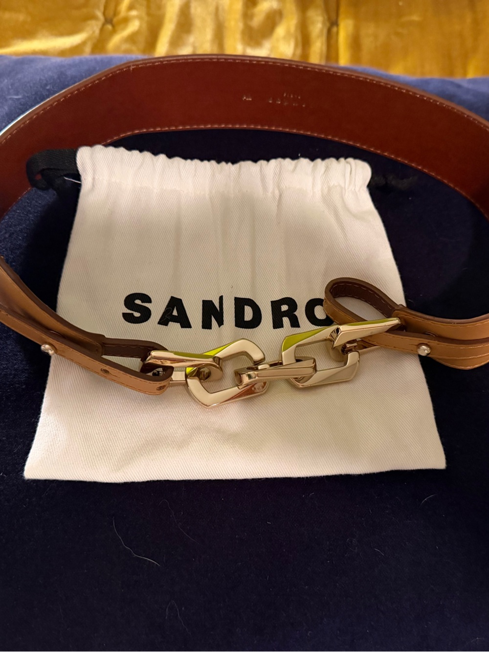 Sandro Leather Chain-Link Belt in Tan with Gold Hardware